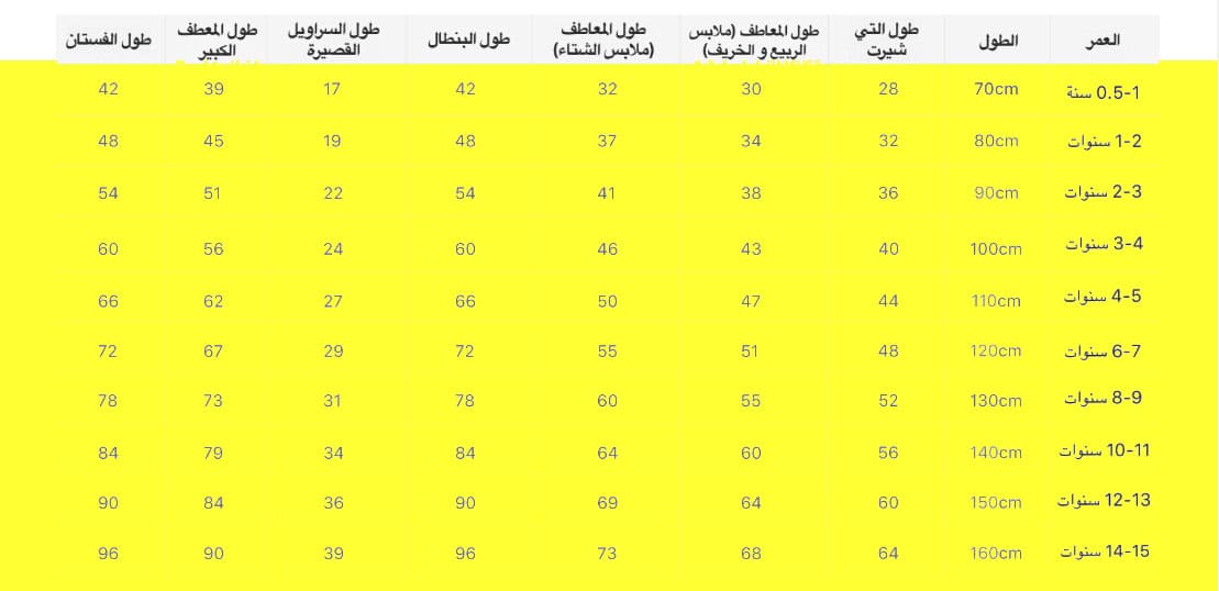 جدول مقاسات الاطفال